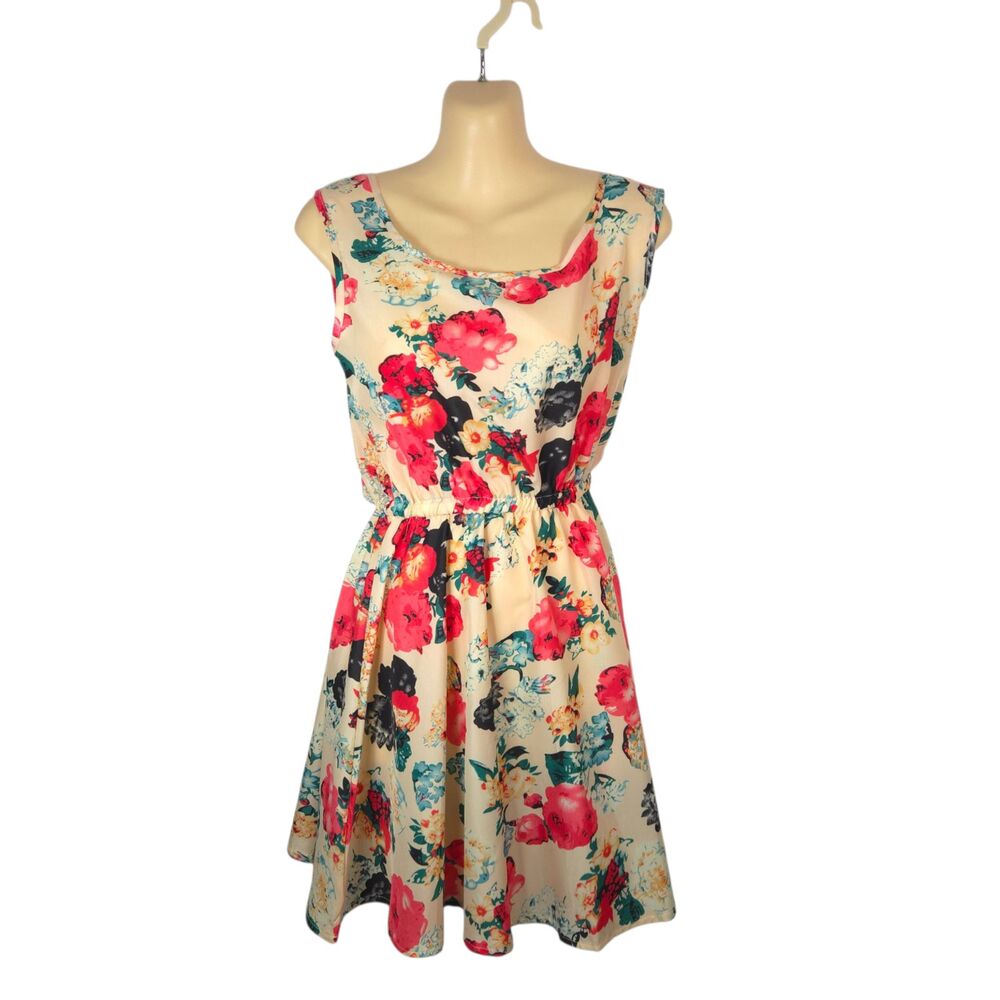Floral Spring Summer Sleeveless Fit & Flare Mini Dress Cream Multi M Liva Girl